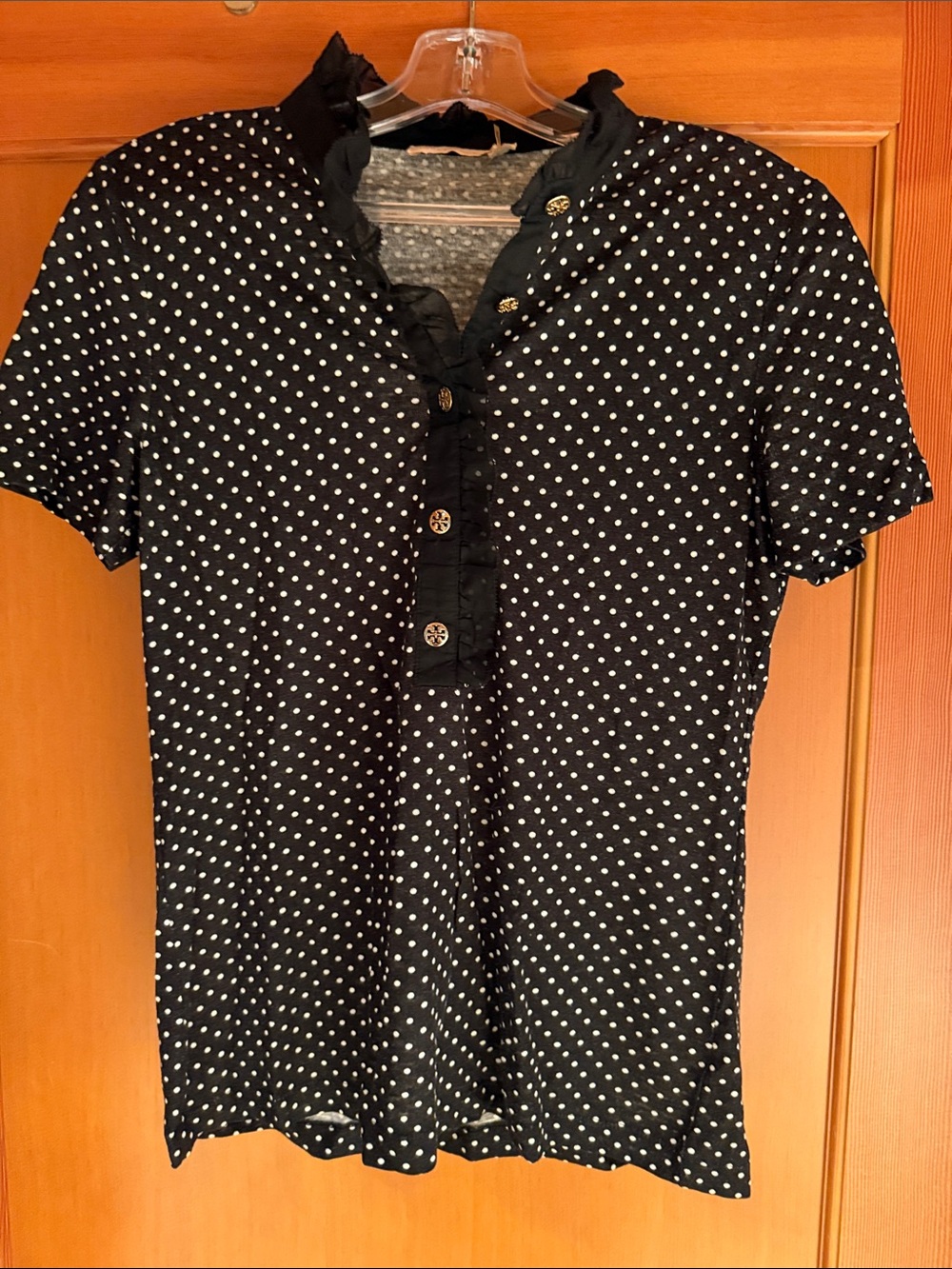 Tory Burch Black Polka Dot Ruffle-Trim Short Sleeve Top